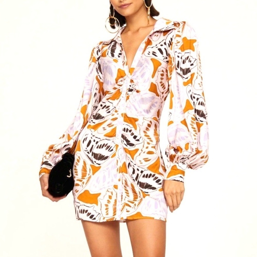 For Love & Lemons Esmeralda Butterfly Print Ruched Mini Dress Size L